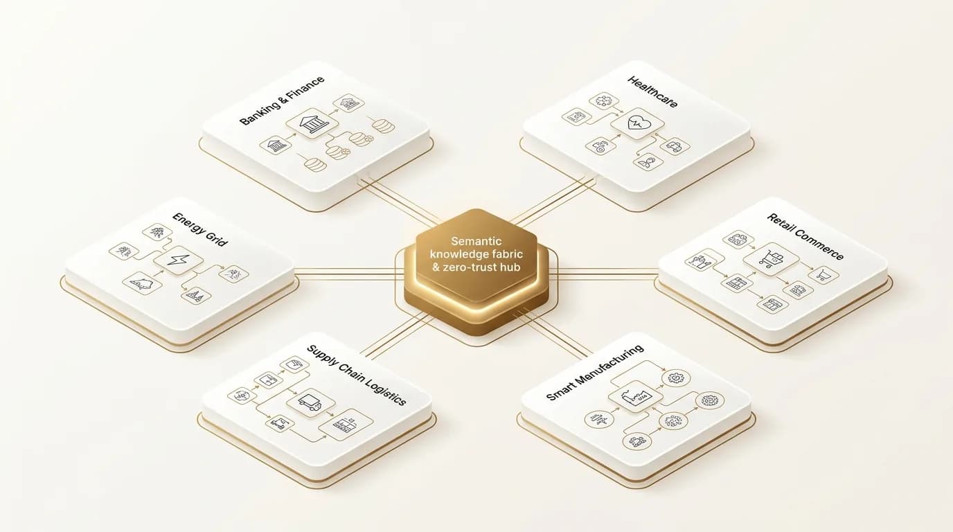 Enterprise Data Mesh — 6 Regulated Industry Verticals Light Theme Architecture