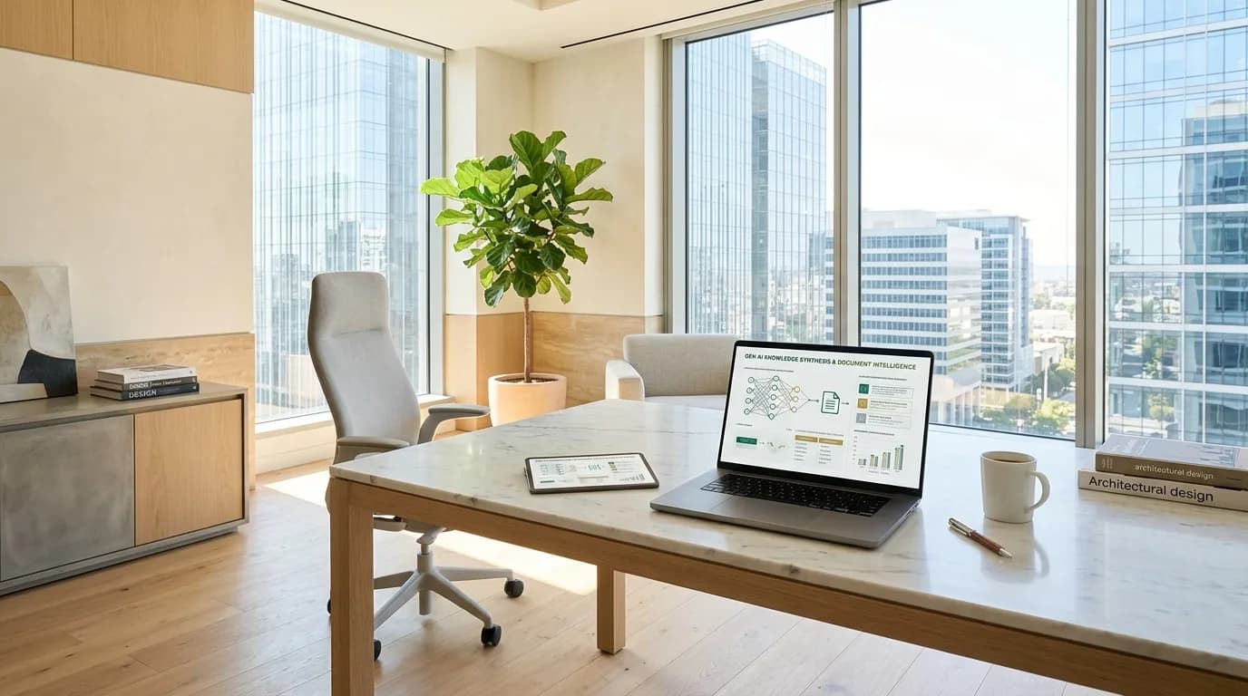 Modern sunlit executive office with generative AI knowledge synthesis interface