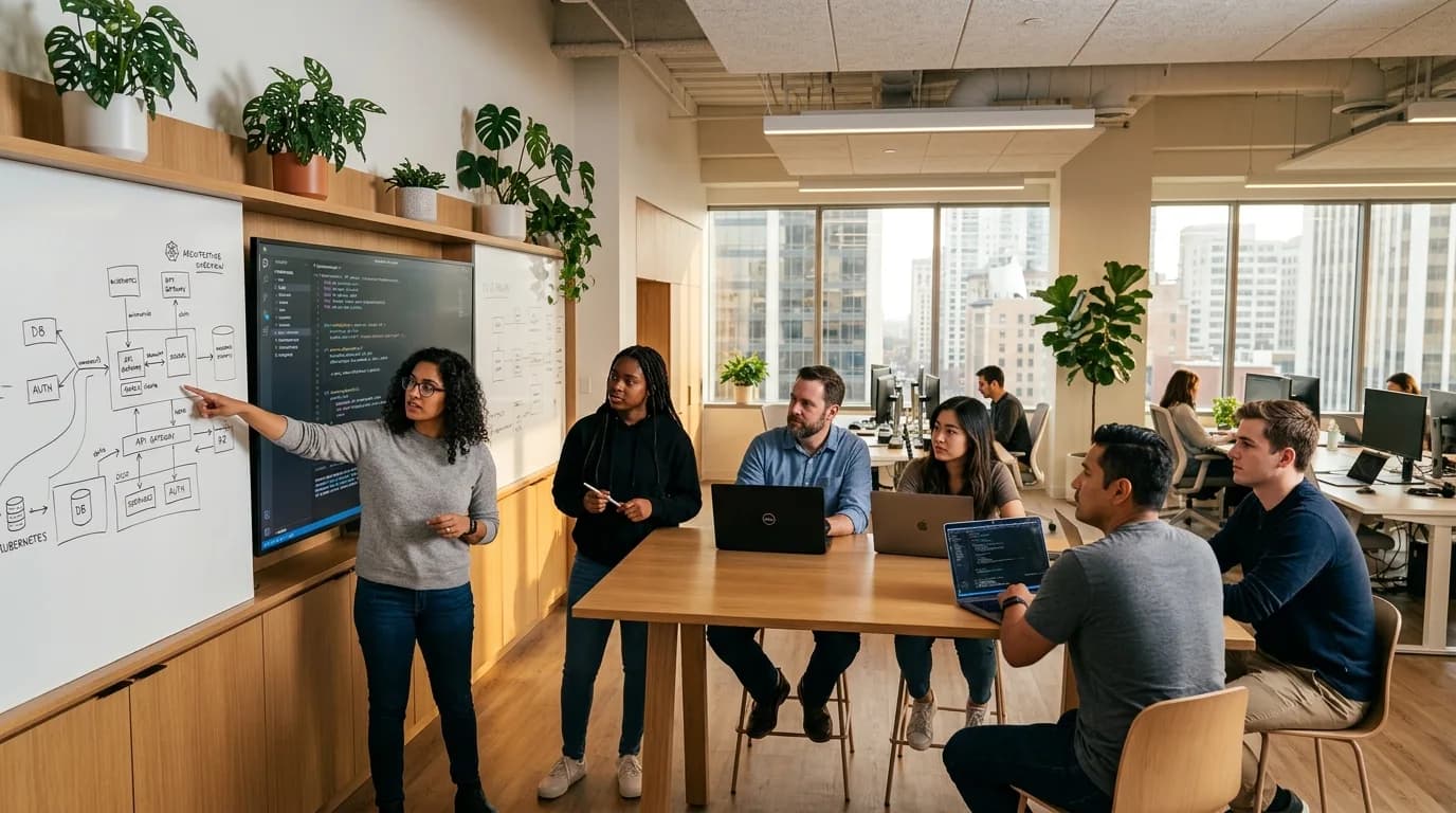 Waypoint engineers embedded in client team doing collaborative architecture review