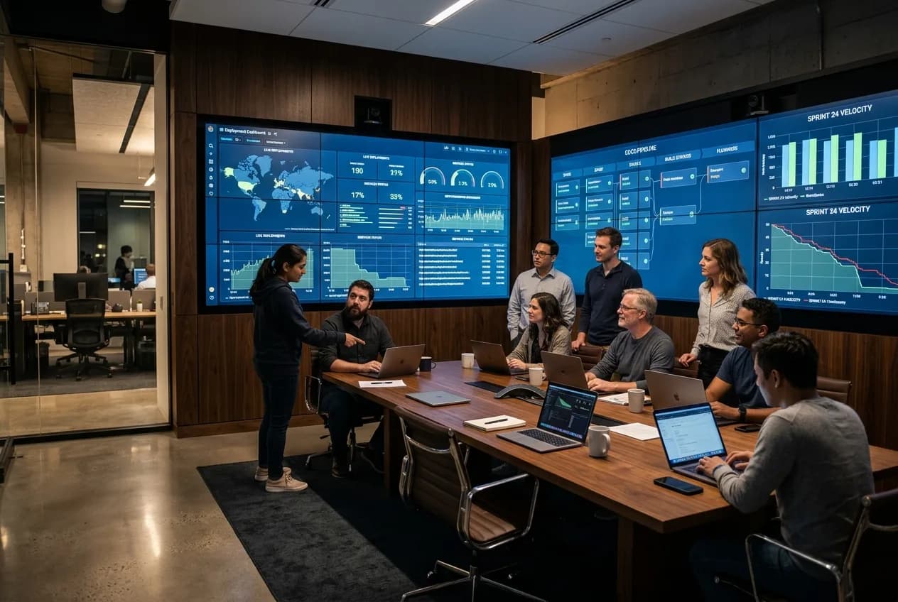 Waypoint engineering war room with deployment dashboards and sprint velocity metrics
