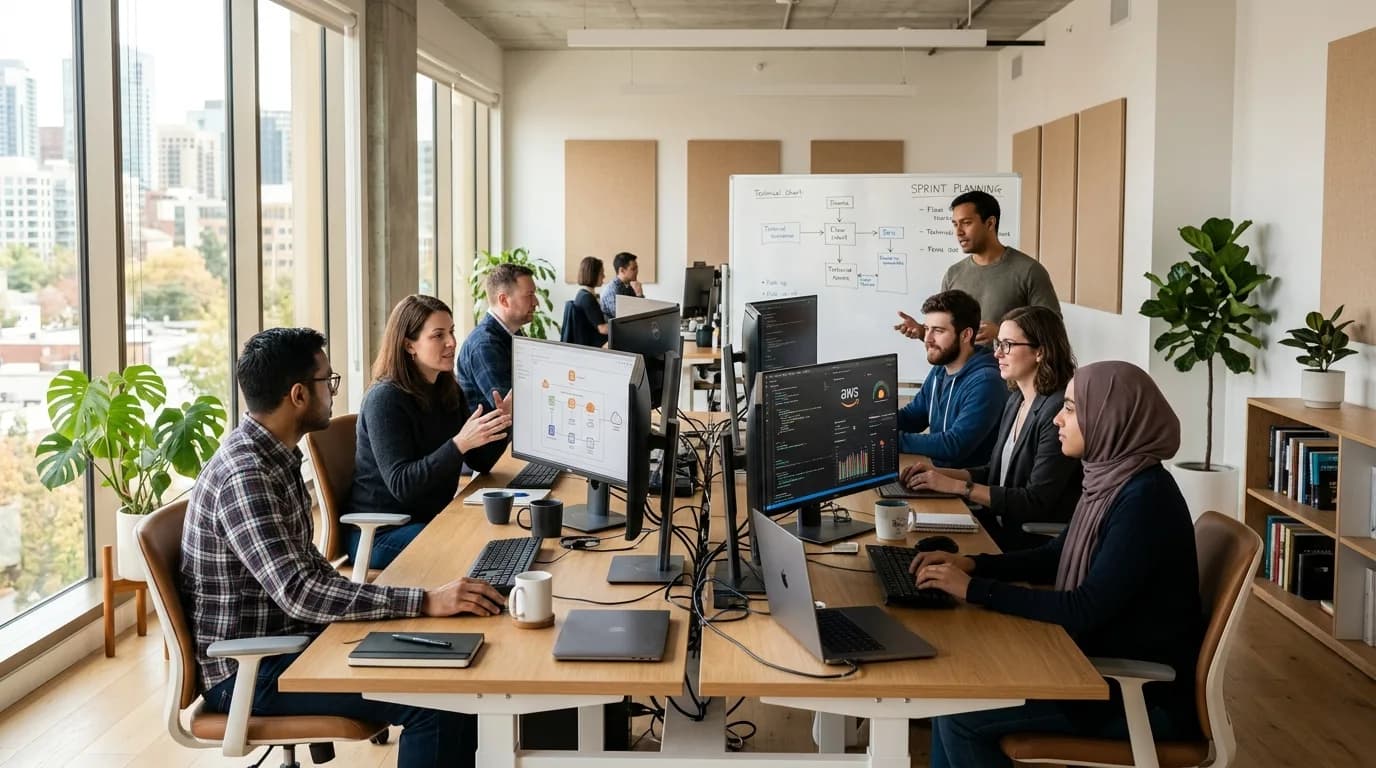 Forward Deployed Engineers collaborating in a modern engineering workspace
