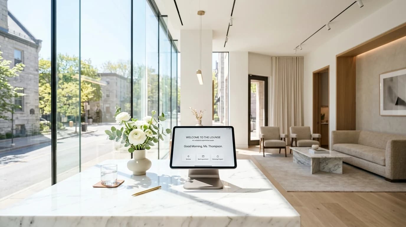 Sunlit boutique customer experience lounge with interactive digital concierge