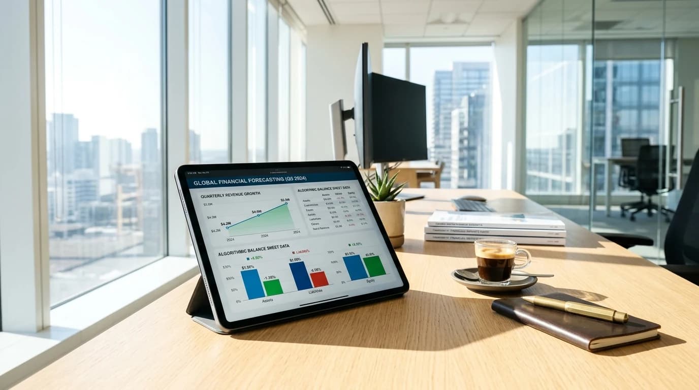 Sunlit executive finance desk with quarterly forecast analytics tablet