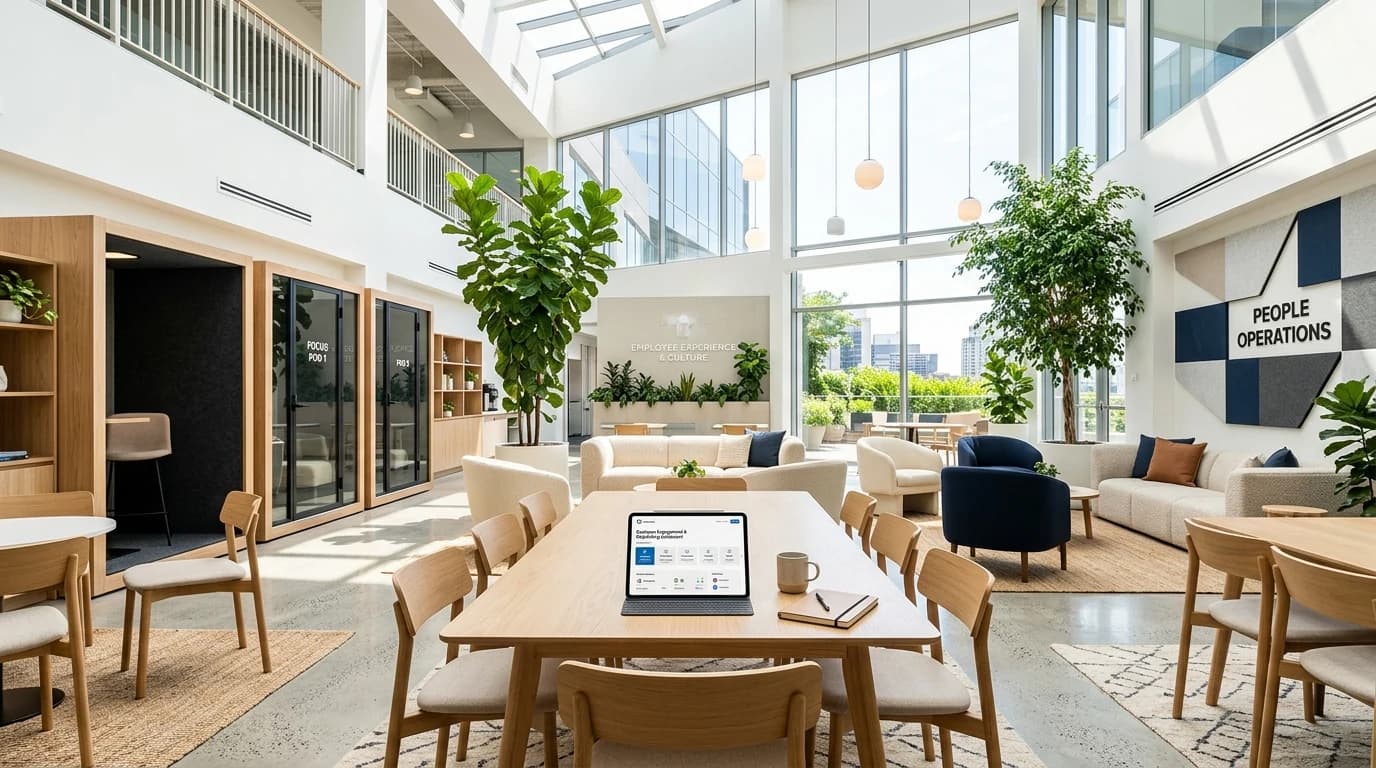 Sunlit people operations and employee experience atrium lounge