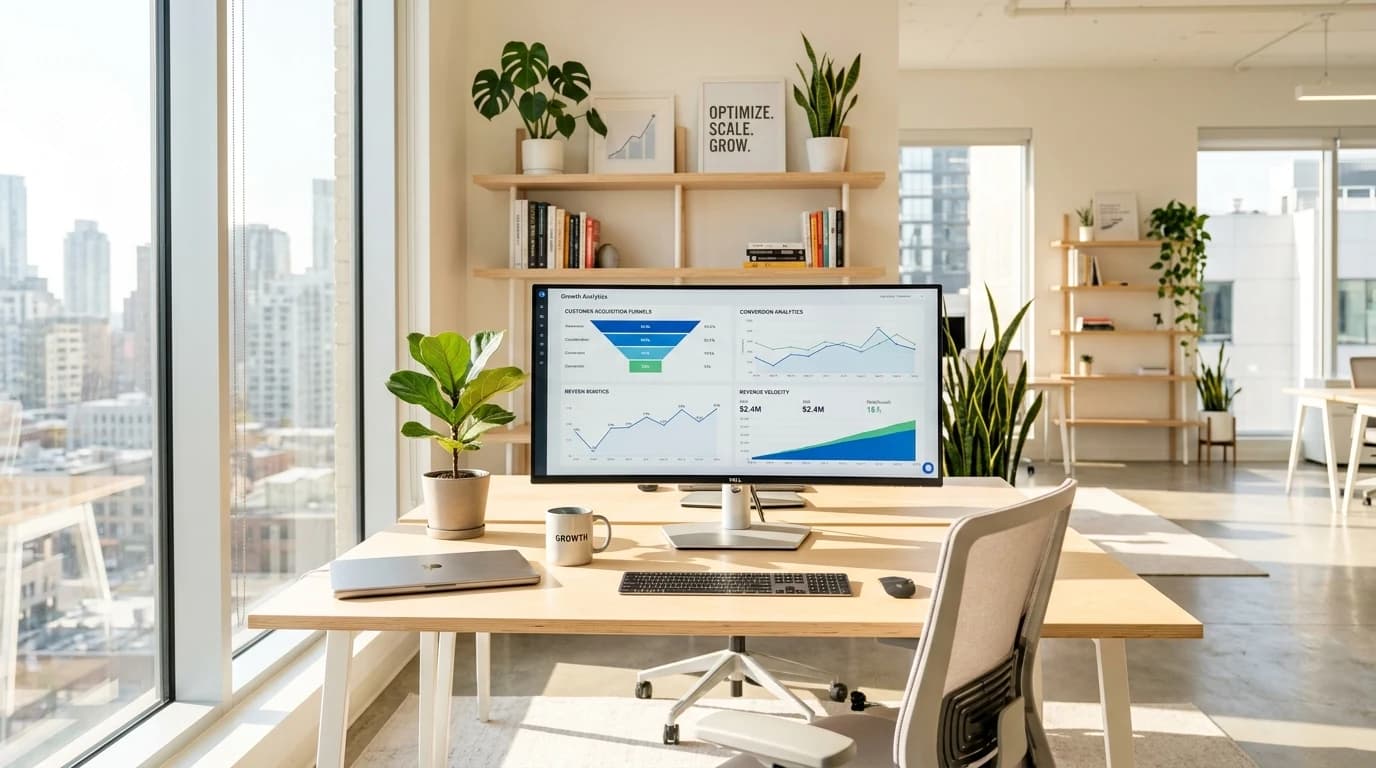 Bright sunlit modern growth marketing workspace with acquisition funnel analytics