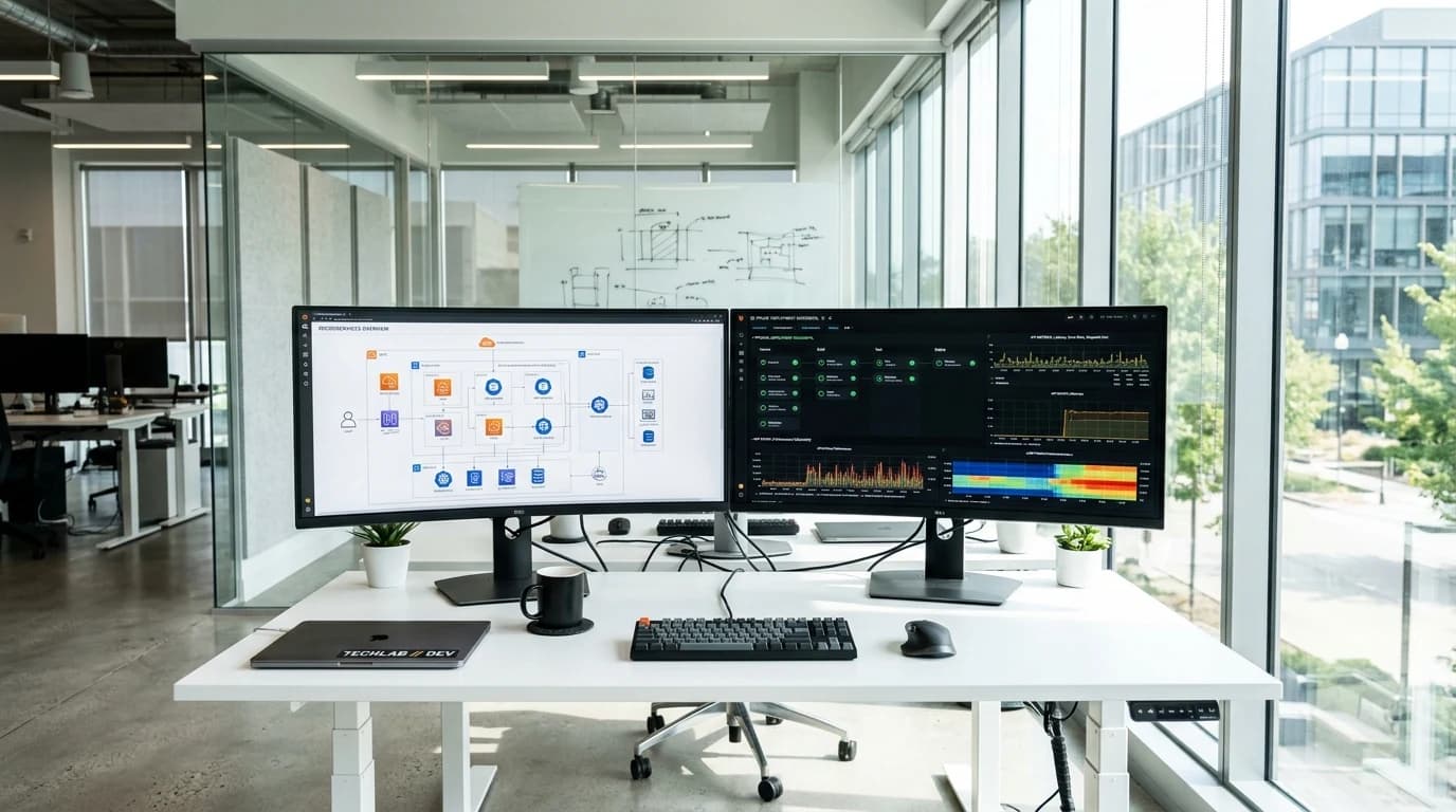 Sunlit modern DevOps engineering lab with cloud microservices displays