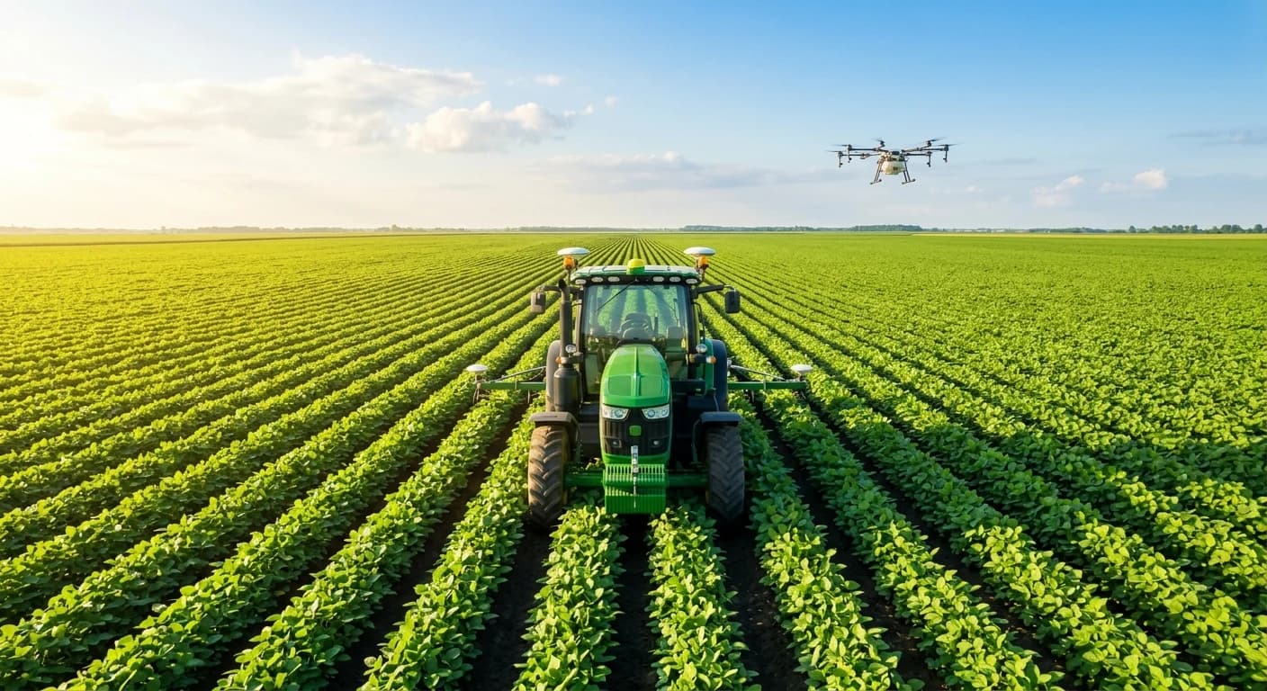 Modern autonomous green tractor equipped with GPS RTK sensors operating in daylight down symmetrical crop rows with scouting drone