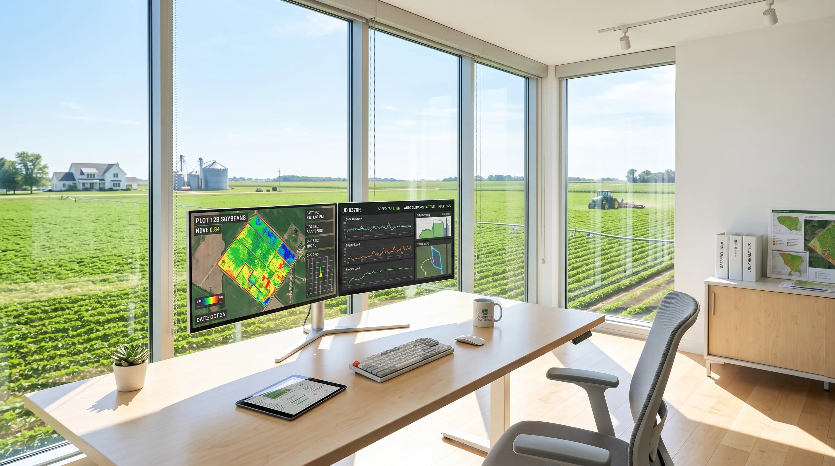 Bright sunlit agricultural operations command center overlooking fields with dual telemetry monitors