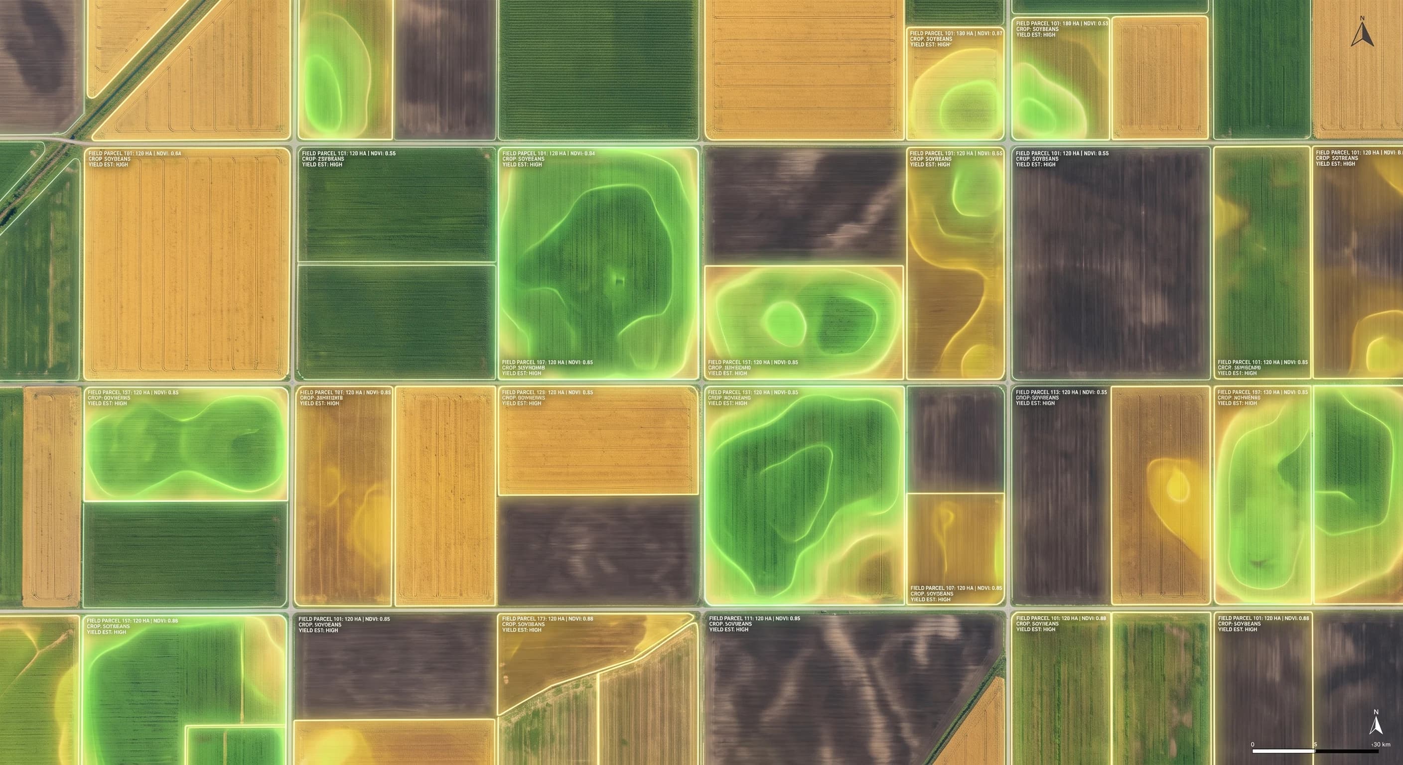 Top-down orthomosaic aerial view of geometric agricultural field parcels with multispectral NDVI vegetative heatmaps in bright daylight