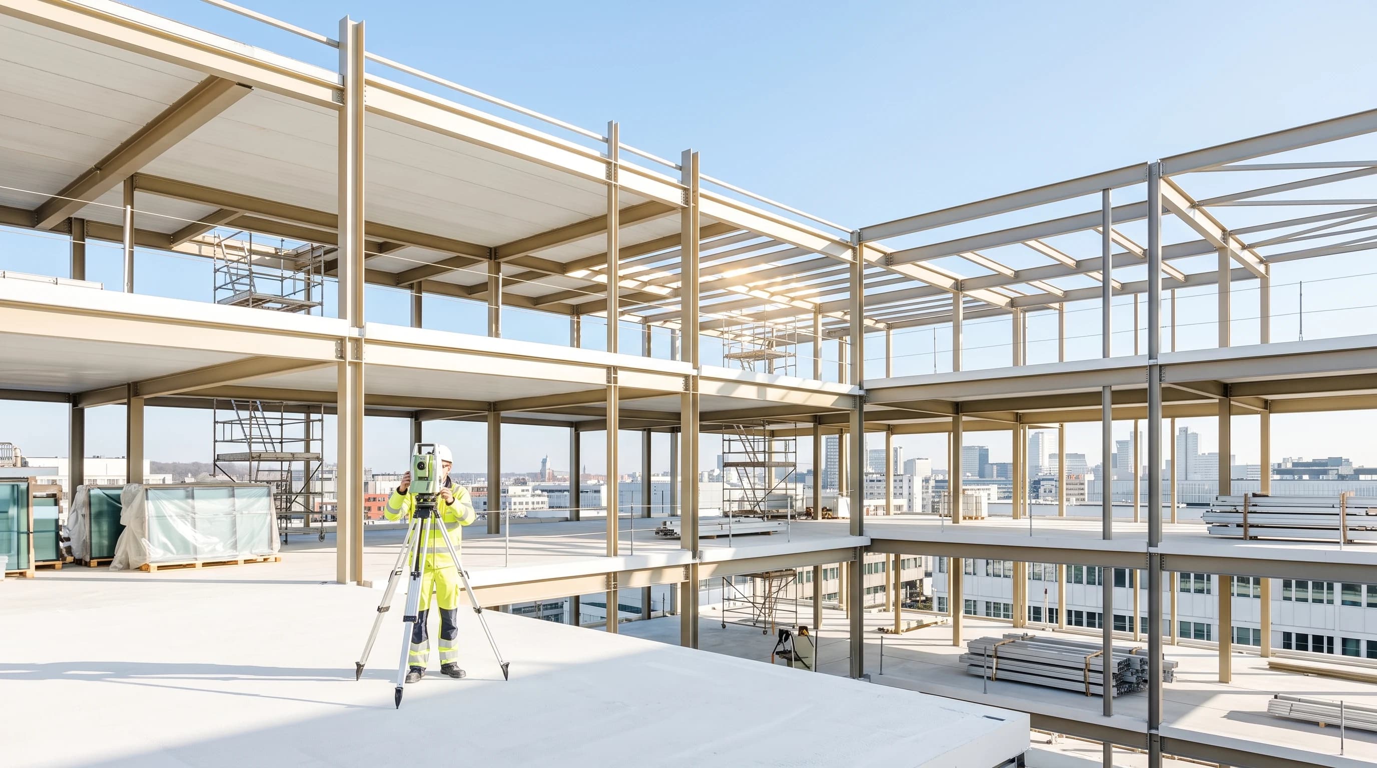 Modern civil engineering and daylight commercial construction jobsite with precision steel framing
