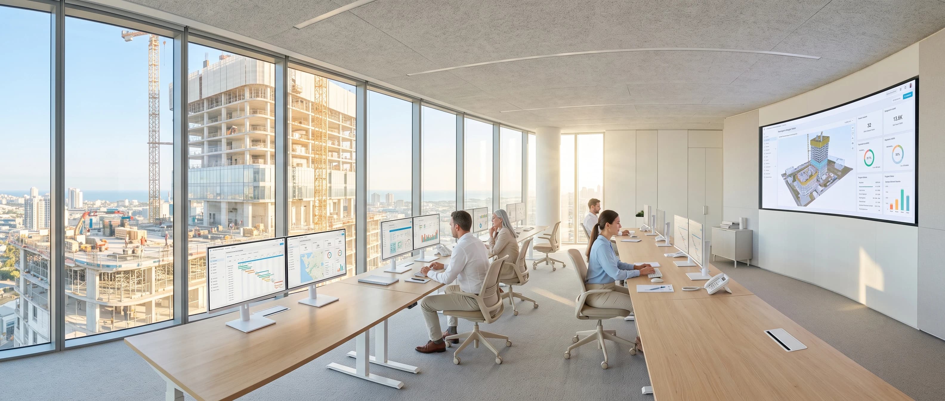 Construction project management and VDC digital controls command desk in bright daylight