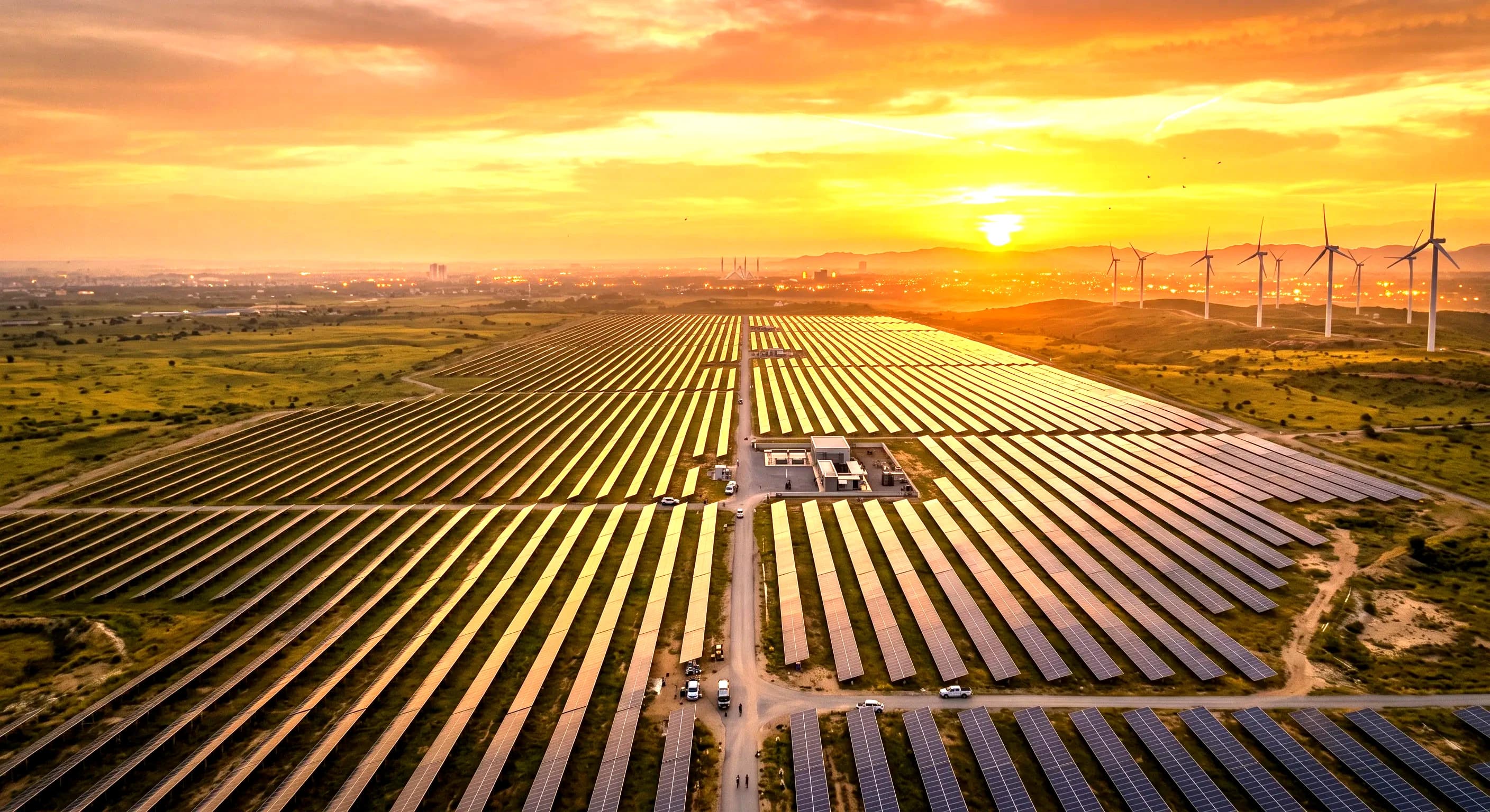 Sunlit modern clean energy transmission infrastructure and solar generation in morning daylight
