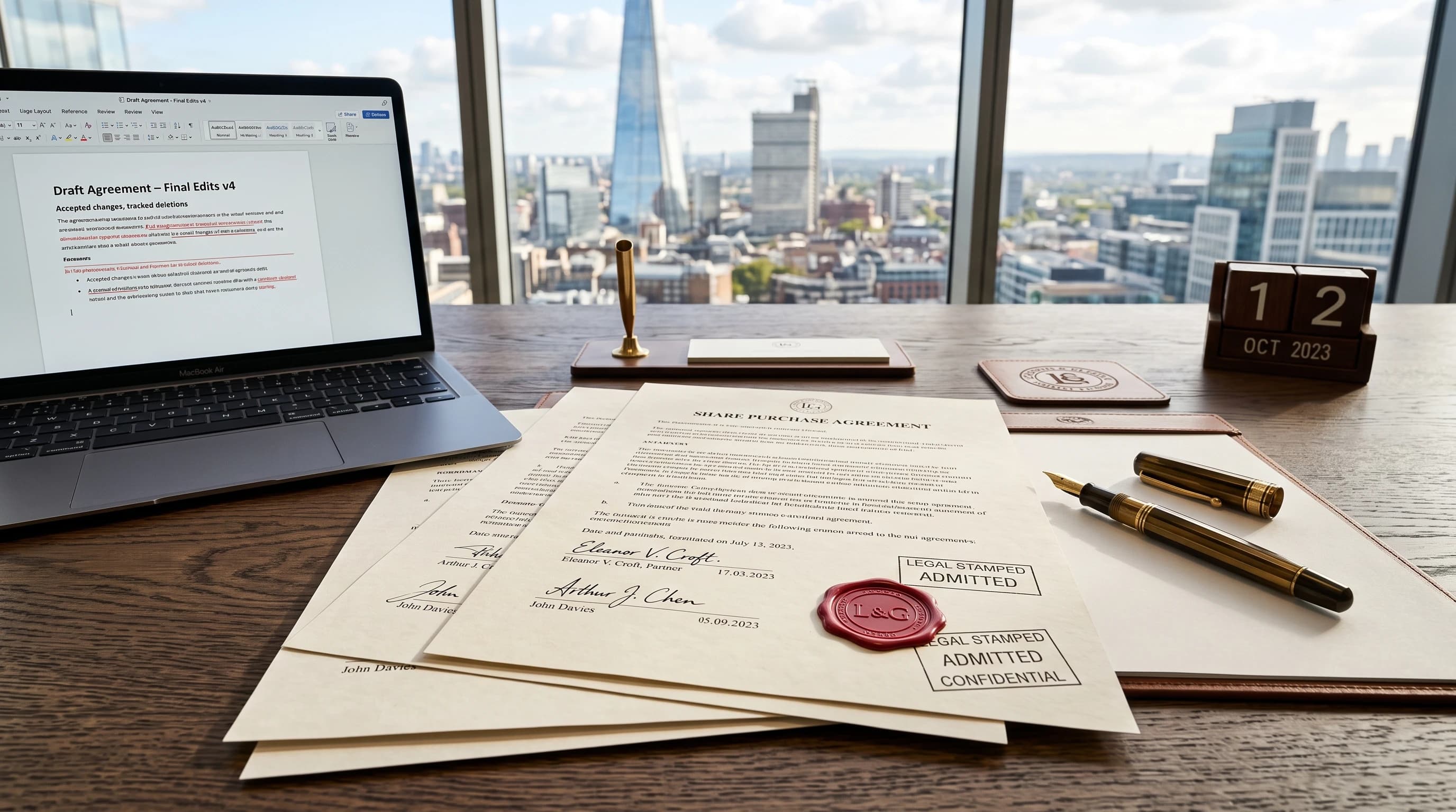 Executive legal agreements, signed parchment contracts, and sovereign AI legal workstation on desk in bright daylight