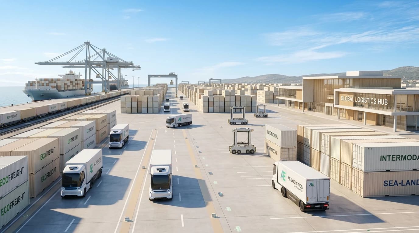 Modern sunlit intermodal logistics terminal with autonomous freight trucks and shipping containers