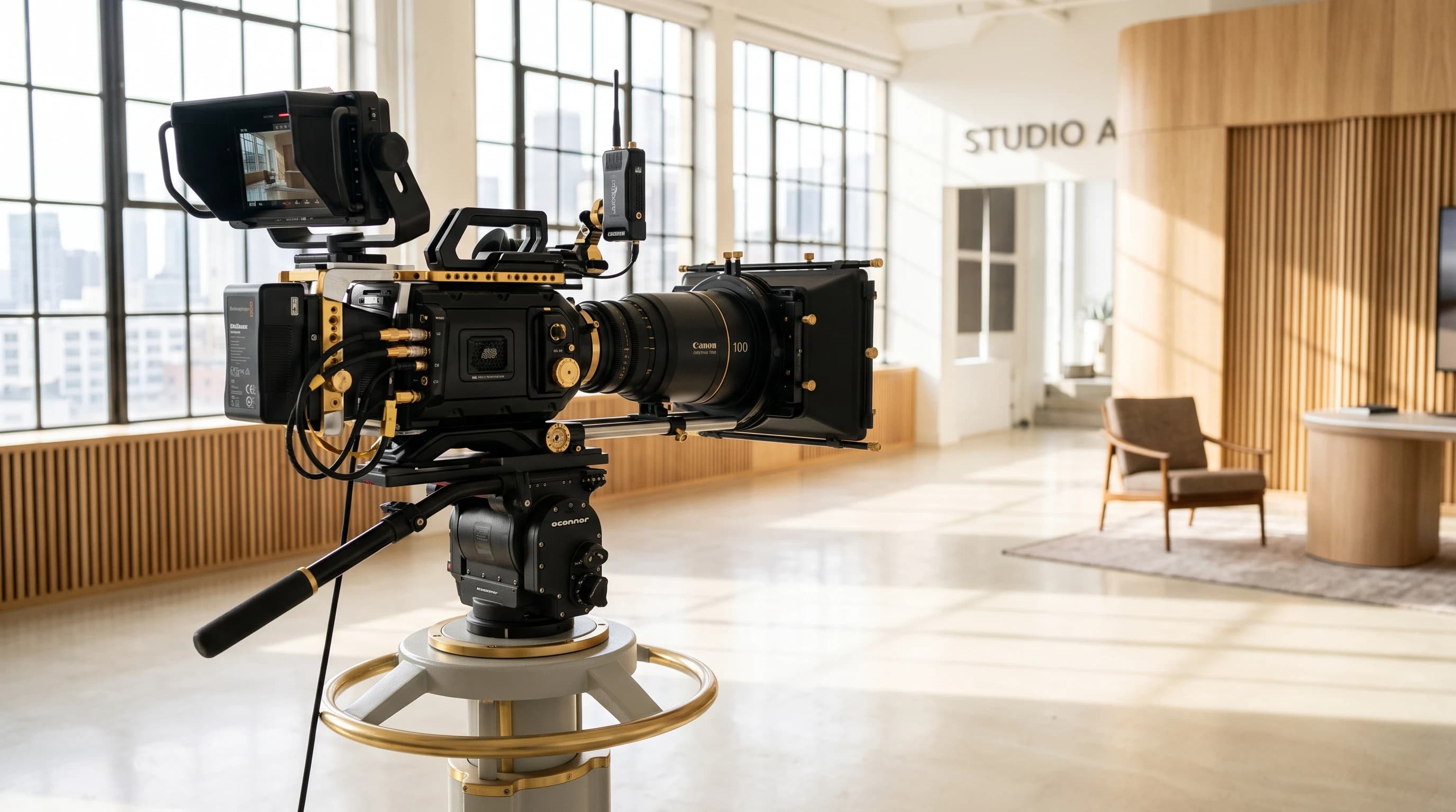 High-key daylight broadcast studio camera and modern digital media production facility