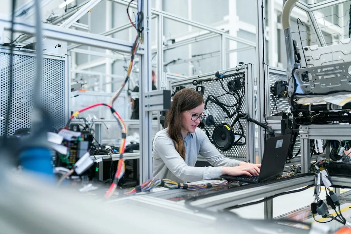 Modern daylight industrial robotics technician and cleanroom automation