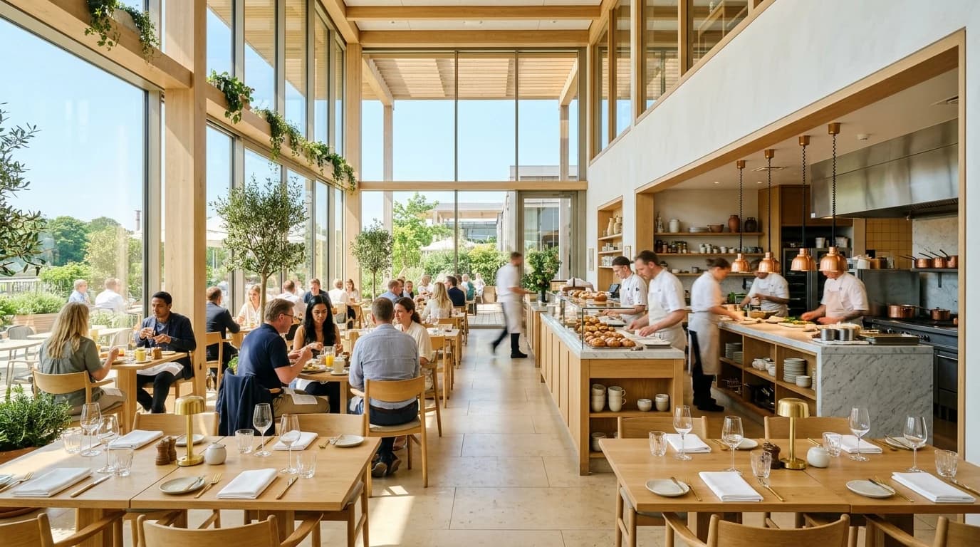 Sunlit modern restaurant dining hall and open culinary kitchen with bright morning light and guests dining