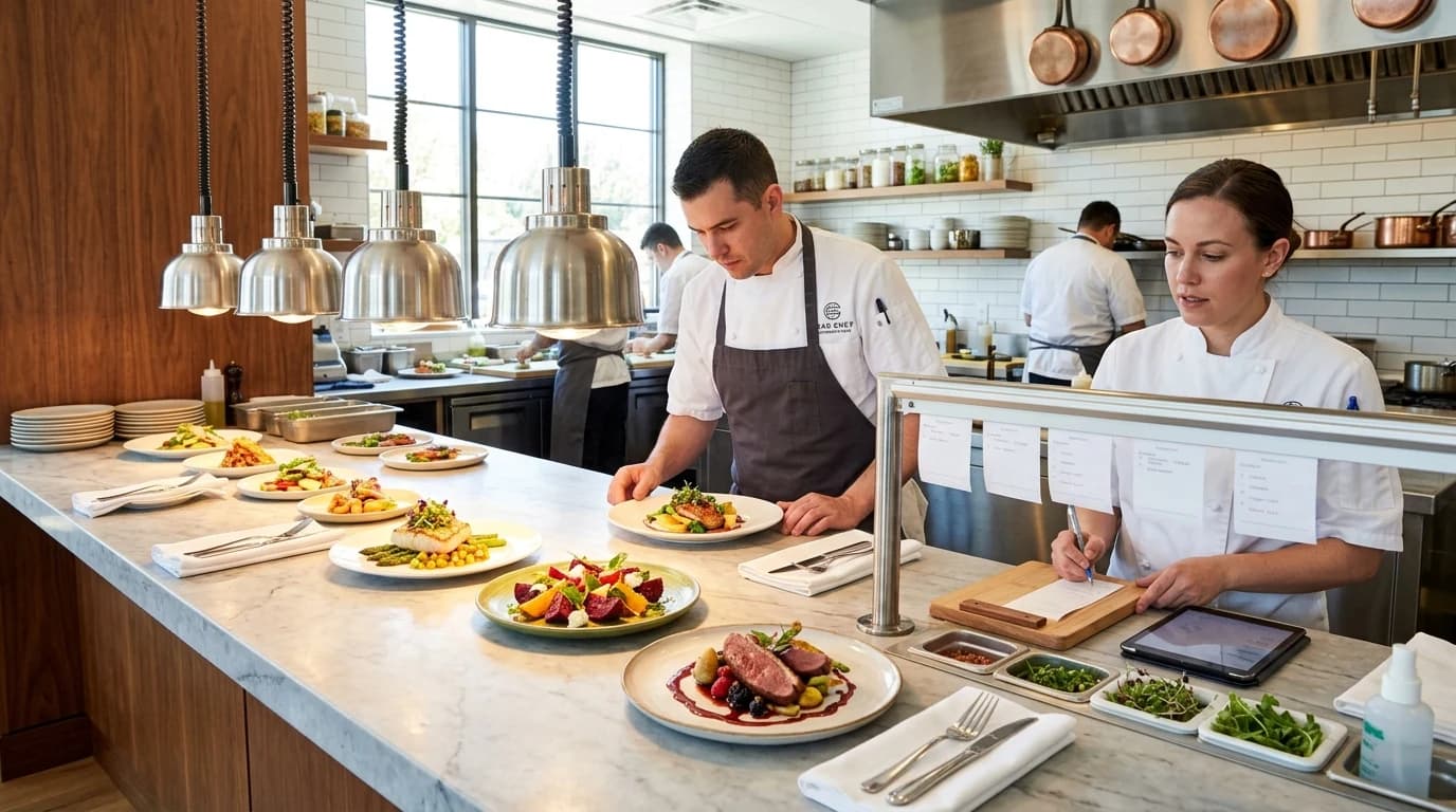 Bright daylight culinary kitchen expediter station and dining hall with fresh ingredients and chef pass