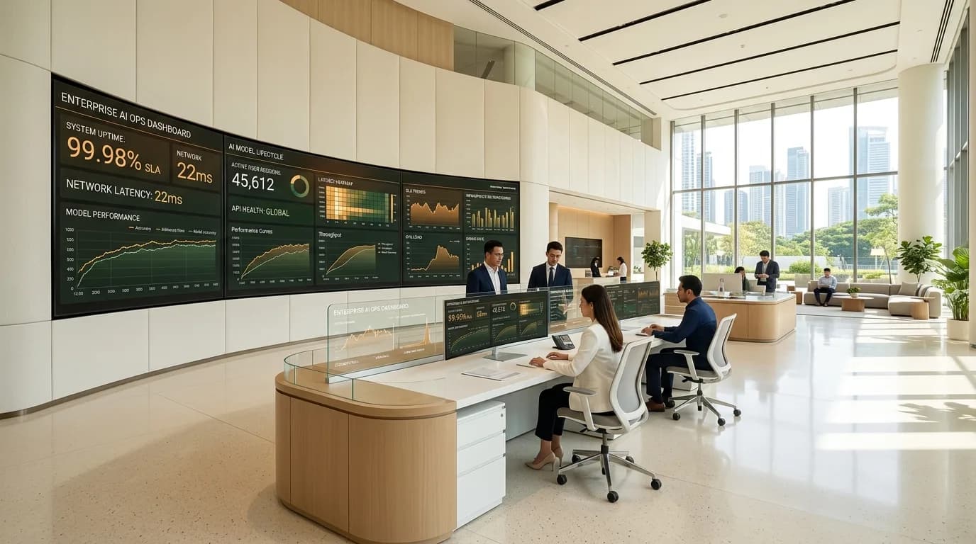 Enterprise AI operations center with real-time telemetry, model lifecycle monitoring, and SLA health dashboards in daylight