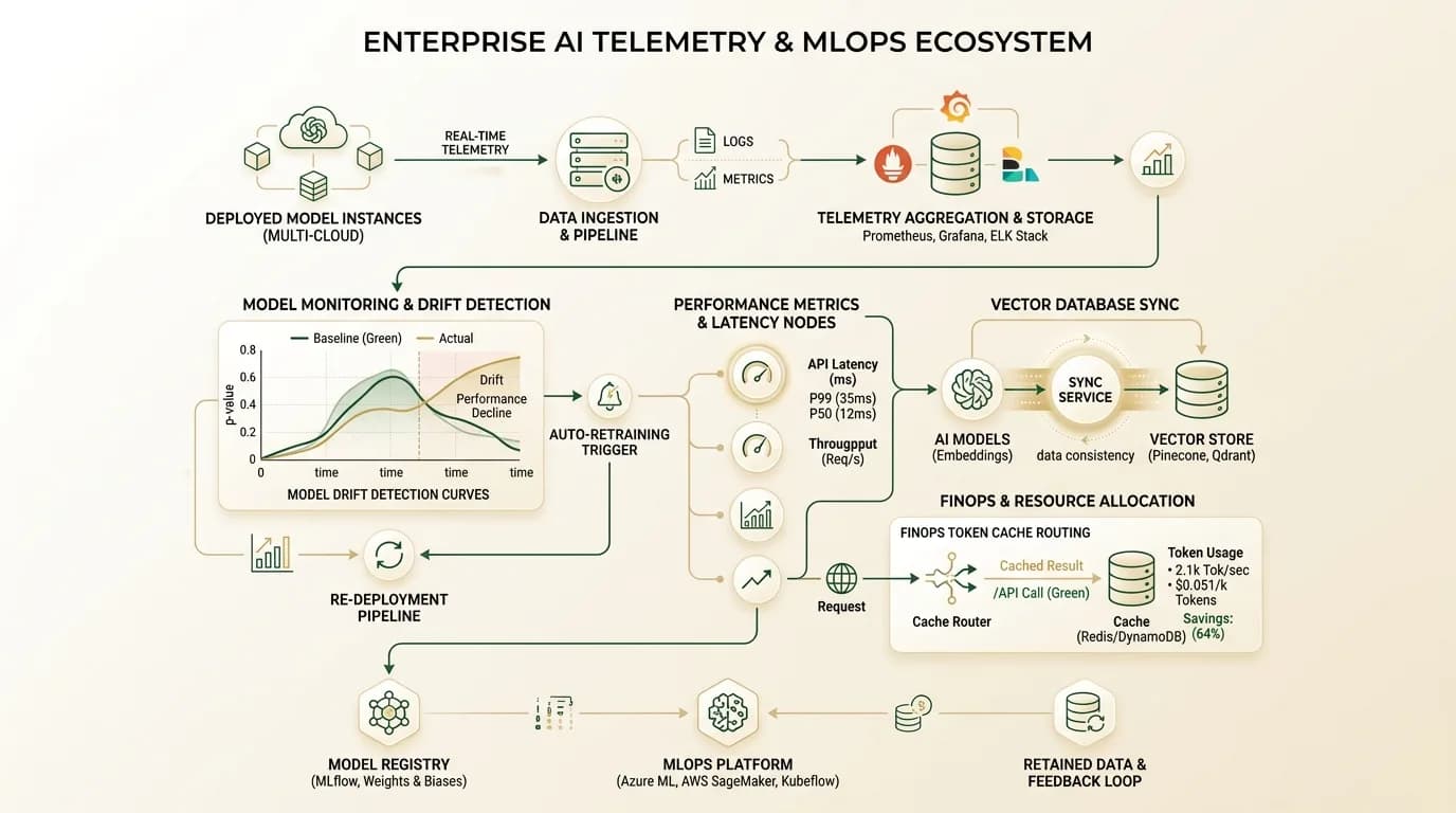 Enterprise AI Telemetry and MLOps ecosystem diagram showing model drift detection, latency nodes, vector DB sync, and FinOps token cache routing